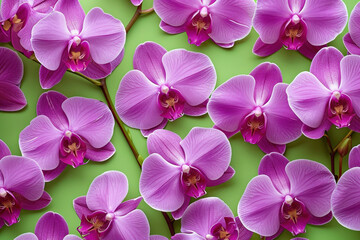 Fototapeta premium Vibrant display of pink orchids on lush green background with central leaf