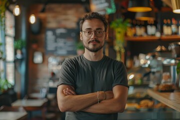 successful small business owner with arms crossed standing proudly in trendy cafe aigenerated