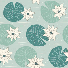 Cute hand drawn pastel green seamless vector pattern background illustration with white water lilies flowers and leaves