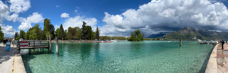 Haute-Savoie, France, 04-25-2024: panoramic view of Annecy lake, the second largest in France,...