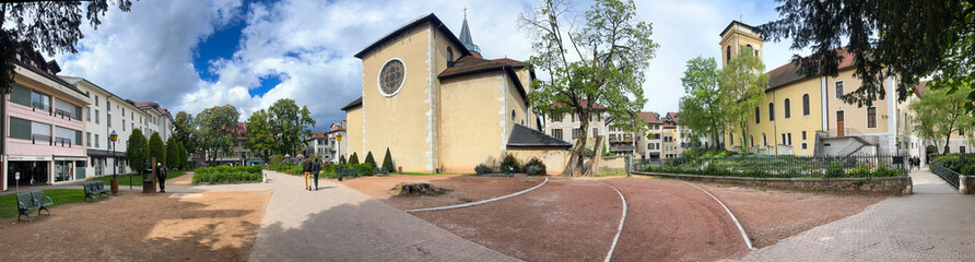 Annecy, Haute-Savoie, France, 04-21-2024: panoramic view of St. Peter's Cathedral (Saint-Pierre)...