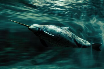 A majestic narwhal swimming gracefully in the water. Perfect for aquatic themed designs