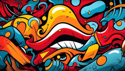 Obraz premium Abstract graffiti background with colorful cartoon characters and numbers in the style of street art. A vivid pattern featuring various shapes, forms, shadows, highlights, and reflections.
