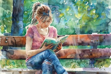 teenage girl reading book on park bench enjoying summer weather and intriguing novel watercolor illustration