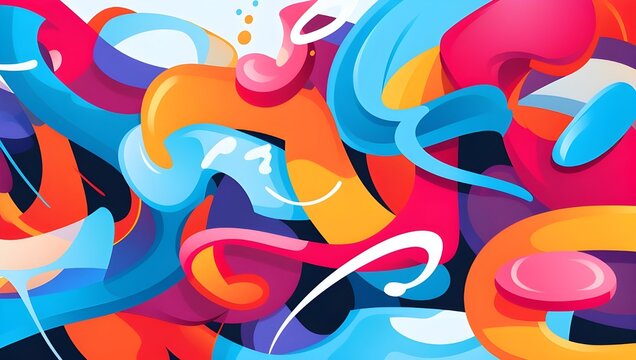 Abstract graffiti background with colorful cartoon characters and numbers in the style of street art. A vivid pattern featuring various shapes, forms, shadows, highlights, and reflections.