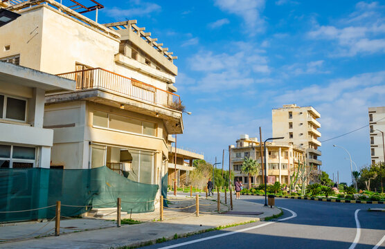 Street of abandoned resort  quarter Varosha of city Famagusta, Northern Cyprus. Between 1970 and 1974, it was one of the most popular tourist destinations in the world.  