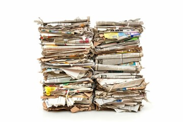 towering stack of waste paper isolated on white recycling concept