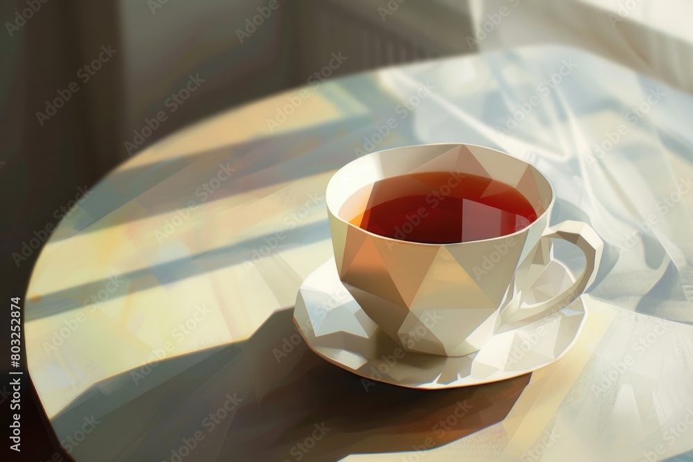 Poster a cup of tea on a table, suitable for various uses