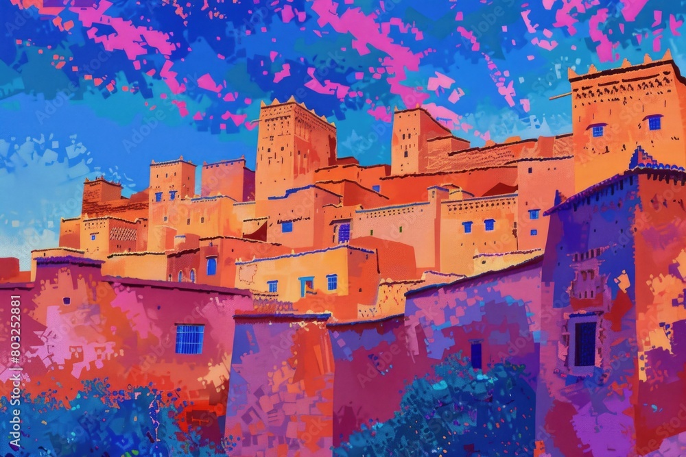 Poster a painting of a building with a clear blue sky in the background. ideal for architectural and real e