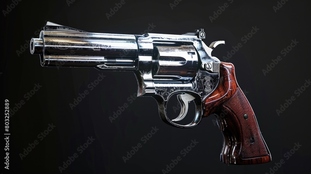 Poster a detailed close up of a revolver on a dark black background. suitable for crime and weapon-related 