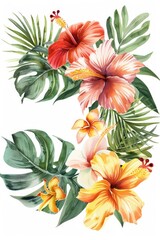 Beautiful watercolor painting of vibrant tropical flowers and leaves. Perfect for botanical illustrations or nature-themed designs