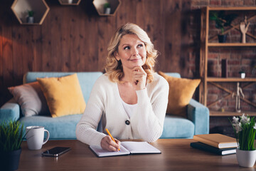 Portrait of aged lady hold pen write notepad ponder wear white cardigan loft interior house indoors