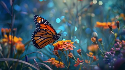 A Monarch butterfly delicately perched on vibrant summer flowers, with a dreamy blue foliage...