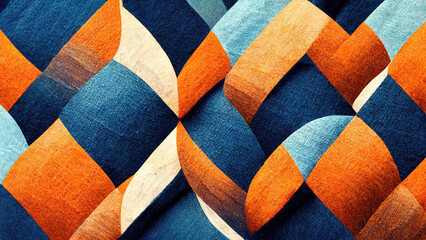 Blue and orange spiralling geometric jean and suede texture background