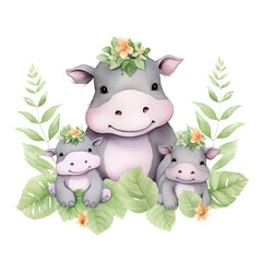 AI-Generated Watercolor cute mother and baby Hippopotamus with leaves Clip Art Illustration. Isolated elements on a white background.