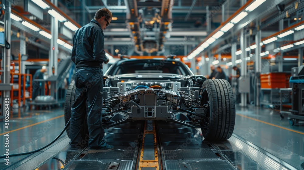 Poster auto factory worker inspecting car assembly line. a worker in blue overalls meticulously inspects a 