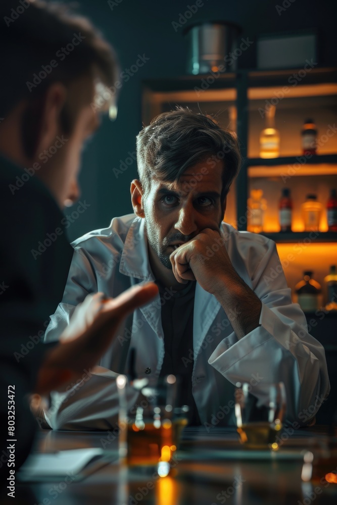 Poster a man in a lab coat sitting at a table. ideal for scientific or educational concepts