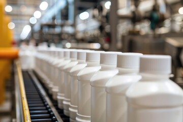 Obraz premium A line of bottles on a conveyor belt. Suitable for industrial concepts