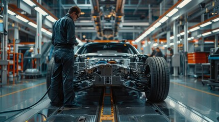 Auto Factory Worker Inspecting Car Assembly Line. A worker in blue overalls meticulously inspects a vehicle on a modern automotive assembly line in an industrial setting.