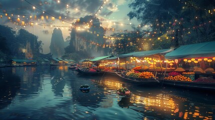 Enchanting night at a floating market in a fantasy realm adorned with colorful lights and vibrant fruits
