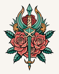 Vintage tattoo design with roses, trident and dagger. Vector illustration.