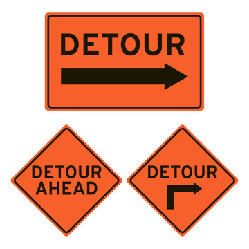 Set of detour signs. Right, ahead, straight. Rectangle and diamond shaped signs. Isolated on transparent background.