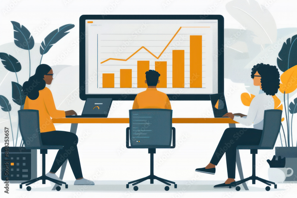 Poster three people are sitting at a table in front of a large monitor with graphs on it. they are working 