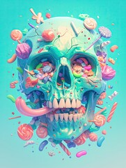 Candy Skull Surprise A cracked, pastelcolored skull with a sweet smile, spilling out colorful candies instead of darkness , 3D render