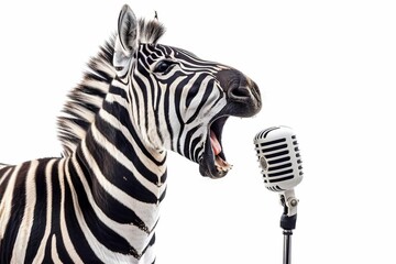 Fototapeta premium zebra singing into microphone isolated on white background humorous animal concept