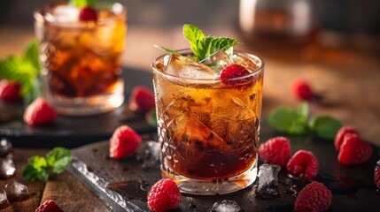 A glass of soda with a garnish of raspberries and mint