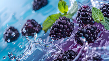 Blackberries with mint leaves and a splash of water AI generate image.