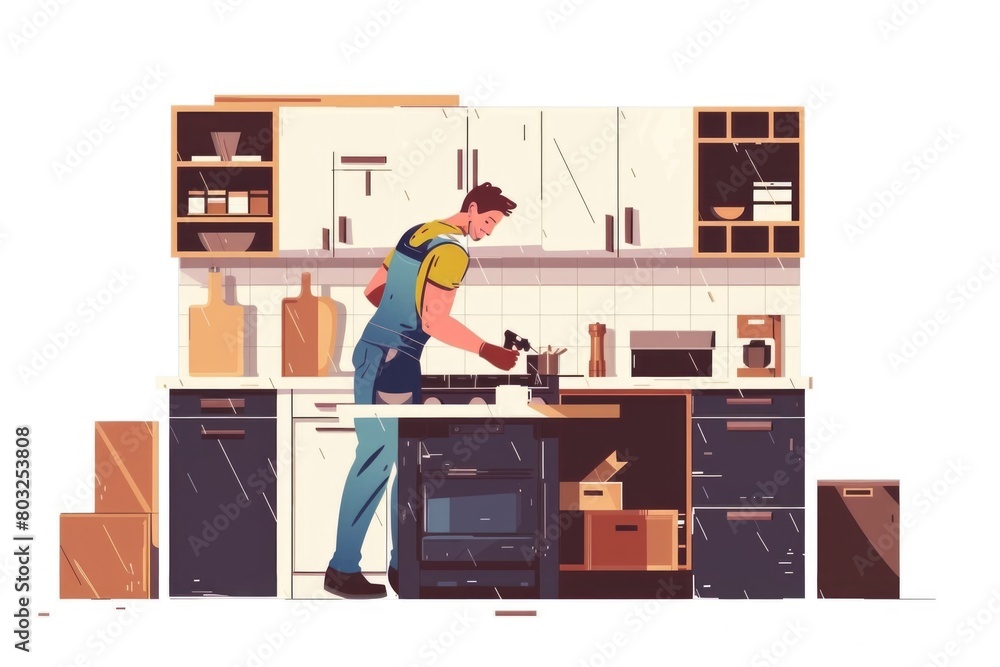 Poster a man in overalls working on a stove. suitable for home improvement projects