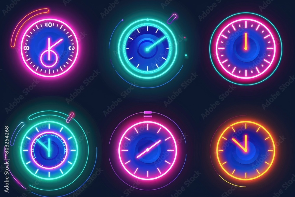 Poster set of neon clocks on black background. suitable for time management concepts