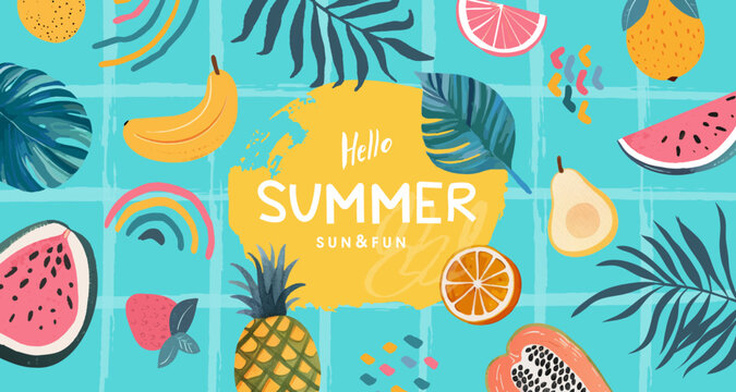 Hello summer! Colorful background with tropical leaves and fruits. Template banner, poster, header for web site. Hand drawn summer design elements. Vector illustration