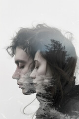 Double exposure, portrait of a couple in love and a bleak depressing landscape. Minimalist and elegant, white background. Creative concept of problems in marriage, rift, crisis.