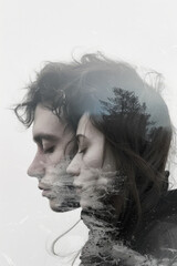 Fototapeta premium Double exposure, portrait of a couple in love and a bleak depressing landscape. Minimalist and elegant, white background. Creative concept of problems in marriage, rift, crisis.