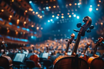 Fototapeta premium A close-up of a violin against a blurred background of an orchestra on stage during a performance.