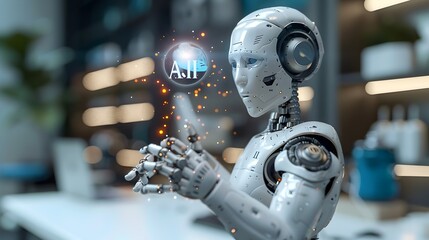 Fototapeta premium Robot Hand Holding Icon on Light Blue Background with Minimalistic Design in Professional