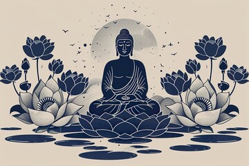 simple line drawing of a buddha in blue and white, simple line art in the style of minimalism