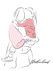 Fototapeta premium Hand drawn line art vector of a woman holding her little daughter. Mothers day.