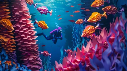 A scuba diver explores a beautiful and vibrant coral reef. The diver is surrounded by colorful fish and sea life. The coral reef is made of intricate and delicate paper cutouts.