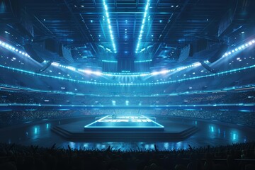 An epic and futuristic stadium with a large stage in the center. The stadium is filled with cheering spectators and the stage is lit up with bright lights.