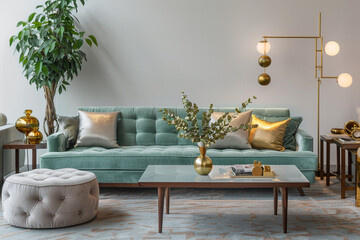 An upscale living room with a contemporary flair, featuring a seafoam green velvet sofa, a modern coffee table, a comfortable pouf, gold decorations, a decorative plant, a stylish lamp,
