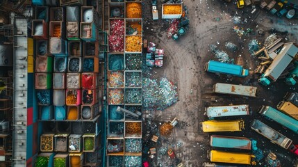 Aerial view of a large recycling facility, showing sorted piles of recycled materials ready for processing