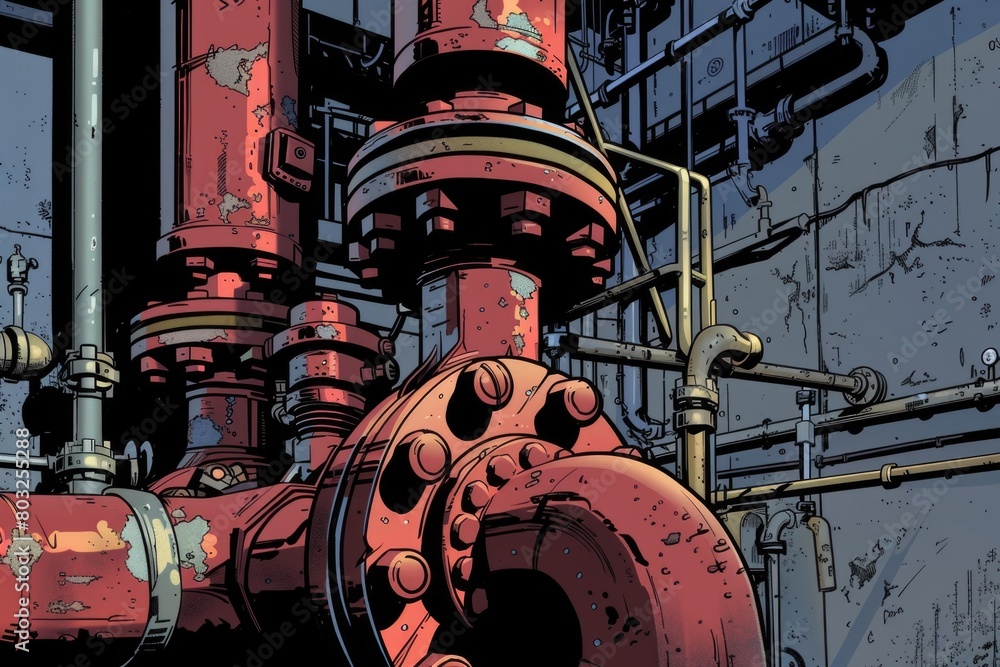 Poster a drawing of a red pipe in a building, suitable for industrial and construction concepts