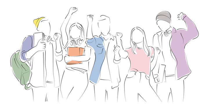 Hand drawn line art vector of teenager standing together carrying books and headphones. Excited young students. Students protest.