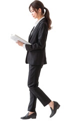 Japanese Businesswoman Walking and Reading Planner, Isolated on Transparent Background