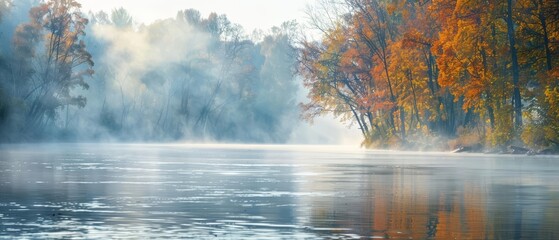 A tranquil river flows through a colorful autumn forest. The morning mist hangs over the water, creating a peaceful and serene atmosphere.