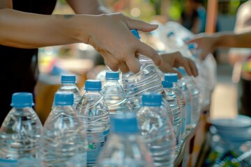 volunteer preparing clean drinking water bottles for charity donation humanitarian aid concept photo - obrazy, fototapety, plakaty