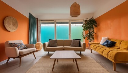 Modern living room interior, minimalistic, simple colorful walls